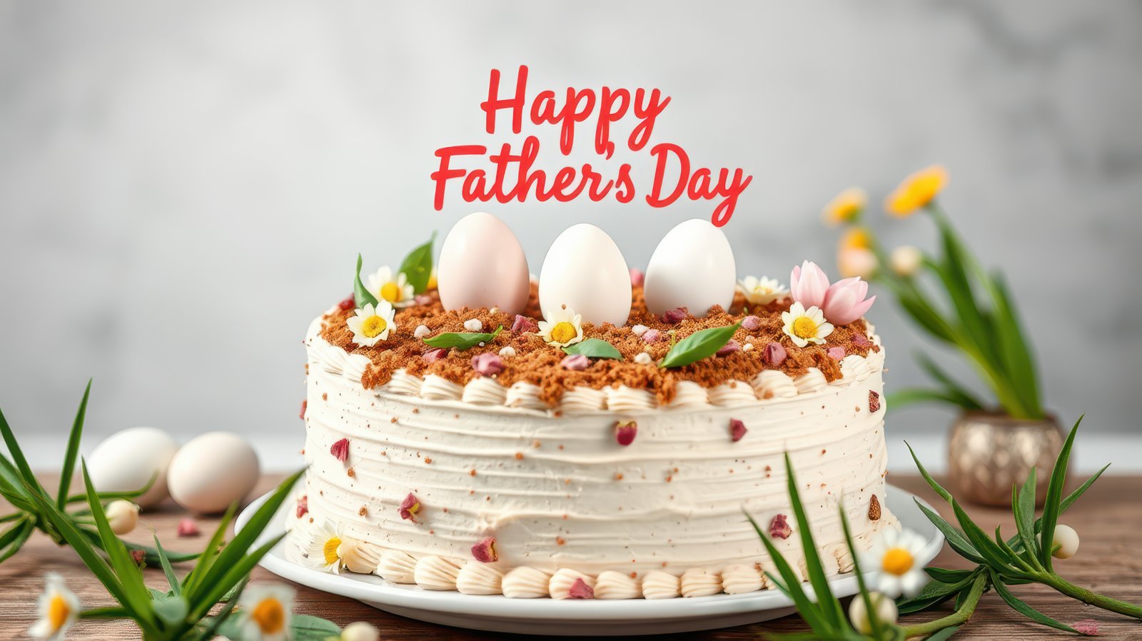 Celebrating Father's Day with a decorated cake featuring eggs and flowers in a festive setting
